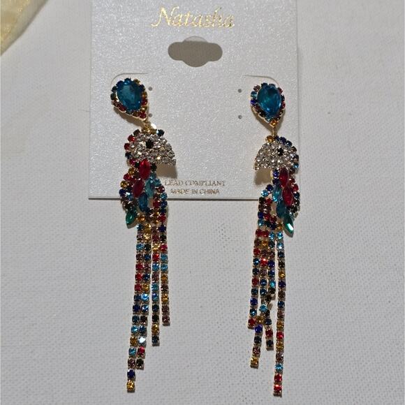 Natasha Jeweled Multi Color Tropical Parrot Bird Statement Earrings New - Picture 4 of 8